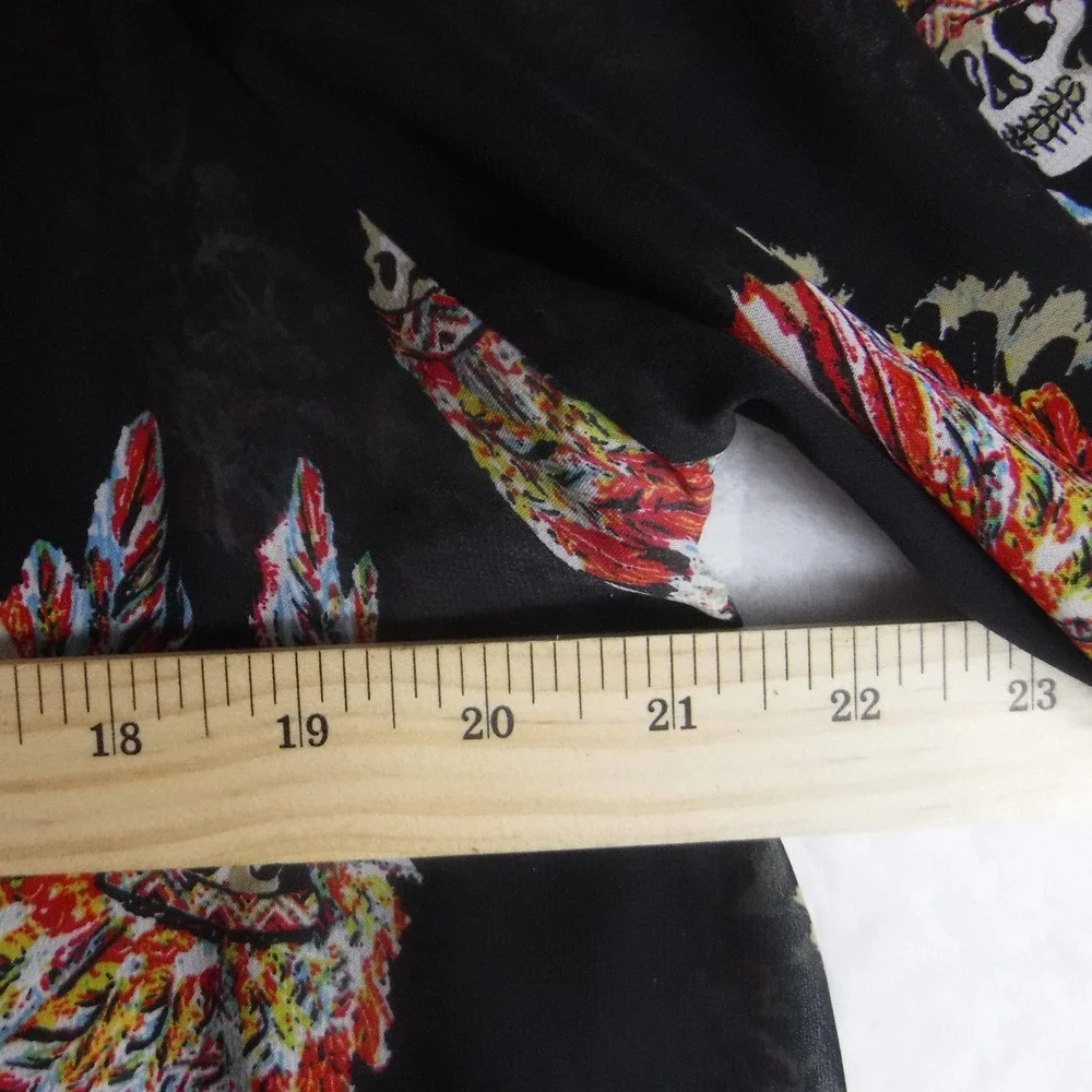 Giddy‎ Up Glamour Skull Headdress Kimono Cardigan Black High Low Sheer XL 1410